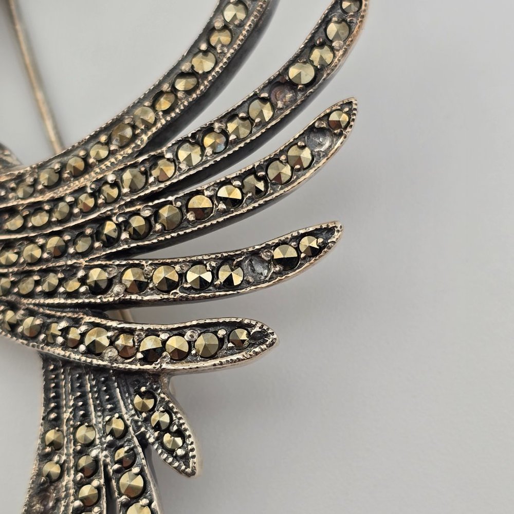 Vintage 925 Sterling Silver Marcasite Hummingbird Brooch Pin - Picture 8 of 13